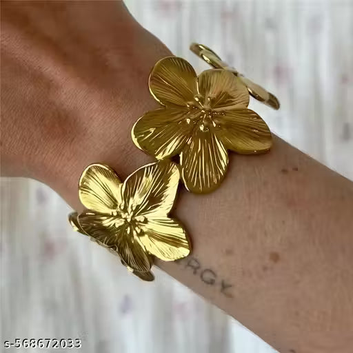 Trendy Boho Bloom Adjustable Bracelet | Open Cuff Floral Design | Gold-Finish Chic Jewelry for Women & Girls | Western Golden-blossom Flower Shape Bracelet Shape