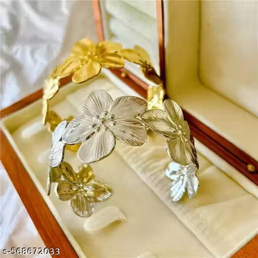 Trendy Boho Bloom Adjustable Bracelet | Open Cuff Floral Design | Gold-Finish Chic Jewelry for Women & Girls | Western Golden-blossom Flower Shape Bracelet Shape