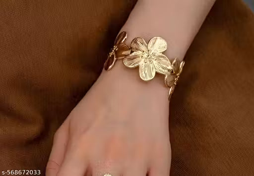 Trendy Boho Bloom Adjustable Bracelet | Open Cuff Floral Design | Gold-Finish Chic Jewelry for Women & Girls | Western Golden-blossom Flower Shape Bracelet Shape